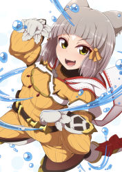 Rule 34 | 1girl, animal ears, blunt bangs, bodysuit, cat ears, eyebrows, fangs, gloves, highres, hood, looking at viewer, nia (xenoblade), nintendo, open mouth, paw pose, ponponmaru, short hair, silver hair, simple background, smile, solo, white gloves, xenoblade chronicles (series), xenoblade chronicles 2, yellow bodysuit, yellow eyes