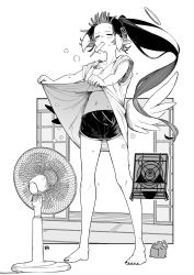 Rule 34 | 1girl, a:n (angrynum), bare legs, barefoot, blush, clothes lift, electric fan, closed eyes, floating hair, food, food in mouth, full body, greyscale, halo, highres, hololive, hololive english, lifting own clothes, long hair, low wings, midriff, monochrome, mouth hold, multicolored hair, navel, ninomae ina&#039;nis, pointy ears, ponytail, popsicle, shirt, shirt lift, short shorts, short sleeves, shorts, sidelocks, solo, standing, streaked hair, sweat, takodachi (ninomae ina&#039;nis), very long hair, virtual youtuber, wings