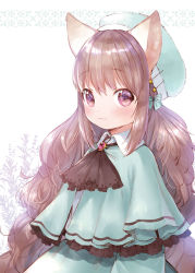 Rule 34 | 1girl, :3, animal ears, beret, blush, brooch, brown eyes, brown hair, brown neckwear, capelet, closed mouth, collared shirt, green capelet, green hat, green skirt, hat, highres, jewelry, long hair, mutou mato, original, shirt, simple background, skirt, solo, star (symbol), very long hair, white background, white shirt