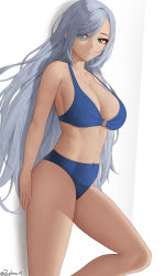 Rule 34 | 1girl, absurdres, bare arms, bikini, blue bikini, breasts, cleavage, closed mouth, genshin impact, green eyes, grey hair, halterneck, highres, large breasts, long hair, looking at viewer, o-ring, o-ring bikini, revision, shenhe (genshin impact), stomach, swimsuit, thighs, twitter username, very long hair, zaphn