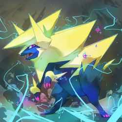 Rule 34 | alternate color, claws, commentary, creature, creatures (company), electricity, english commentary, fangs, full body, game freak, gen 3 pokemon, manectric, mega manectric, mega pokemon, nintendo, no humans, pinkgermy, pokemon, pokemon (creature), purple eyes, shiny pokemon, signature, solo, sparkle