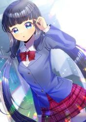 Rule 34 | 1girl, :o, black hair, black thighhighs, blazer, blue eyes, blue jacket, blurry, blurry background, bow, breasts, collared shirt, commentary request, commission, depth of field, dress shirt, dutch angle, hand up, indoors, jacket, kou hiyoyo, long hair, long sleeves, looking at viewer, low twintails, original, parted lips, plaid, plaid skirt, pleated skirt, red bow, red skirt, school uniform, shirt, skeb commission, skirt, small breasts, solo, thighhighs, twintails, very long hair, white shirt