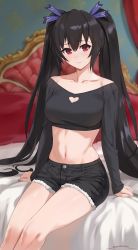 Rule 34 | 1girl, alternate costume, arms at sides, black hair, black shirt, blouse, blurry, blurry background, blush, casual, collarbone, crop top, cutoffs, denim, denim shorts, depth of field, hair between eyes, highres, indoors, long hair, midriff, navel, neptune (series), noire (neptunia), on bed, red eyes, sendo (sendrawz), shirt, short shorts, shorts, sitting, sleeves past wrists, smile, solo, stomach, thighs, twintails, very long hair