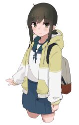 Rule 34 | absurdres, backpack, bag, black eyes, black hair, blue sailor collar, blue skirt, commentary request, commission, cropped legs, fubuki (kancolle), highres, hood, hooded jacket, jacket, kantai collection, looking at viewer, low ponytail, ma rukan, medium hair, multicolored clothes, multicolored jacket, open clothes, open jacket, pleated skirt, sailor collar, short ponytail, sidelocks, simple background, skirt, two-tone jacket, white background, yellow jacket