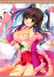 Rule 34 | 1girl, :d, black hair, blush, breasts, breasts out, christmas, clothes lift, coat, fur trim, highres, hinata momo, large breasts, long sleeves, looking at viewer, nipples, no bra, no panties, open clothes, open coat, open mouth, pop&#039;n music, sack, shirt lift, sleeveless, smile, solo, source request, stuffed animal, stuffed rabbit, stuffed toy, sweater, sweater lift, tareme, tsurara (pop&#039;n music), twintails, yellow eyes