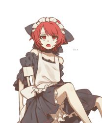 Rule 34 | ..., 1girl, aliun, alternate costume, apron, bare legs, bare shoulders, black bow, black hair, bow, chair, commentary request, enmaided, hair bow, highres, korean text, looking at viewer, maid, maid headdress, red eyes, red hair, sekibanki, short hair, simple background, sitting, solo, sweatdrop, touhou, white background