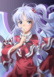 Rule 34 | 1girl, capelet, closed mouth, dress, grey eyes, grey hair, gyouza (mhea5724), hair between eyes, hair bobbles, hair ornament, highres, long hair, long sleeves, multiple wings, one side up, red capelet, red dress, shinki (touhou), smile, solo, touhou, touhou (pc-98), upper body, wide sleeves, wings