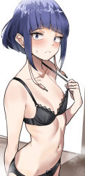 Rule 34 | 1girl, absurdres, arm behind back, audio jack, black bra, black panties, blue eyes, blue hair, blunt bangs, blush, boku no hero academia, bra, breath, closed mouth, collarbone, extra ears, flat chest, from side, highres, jirou kyouka, lace, lace-trimmed bra, lace trim, looking at viewer, looking to the side, navel, panties, pulling own clothes, short hair, sidelocks, solo, stomach, strap pull, sweatdrop, underwear, wavy mouth, zd (pixiv6210083)