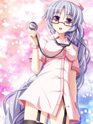 Rule 34 | 1girl, :d, akashio (loli ace), alternate costume, bespectacled, black thighhighs, blush, breasts, female focus, garter straps, glasses, grey eyes, hat, heart, long hair, looking at viewer, no panties, nurse, nurse cap, open mouth, silver hair, smile, solo, stethoscope, thighhighs, touhou, very long hair, yagokoro eirin