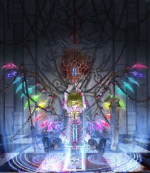 Rule 34 | 1girl, alternate wings, blonde hair, blood, boots, chain, female focus, flandre scarlet, hair ribbon, magic circle, polearm, ponytail, rainbow order, red eyes, ribbon, short hair, side ponytail, sikou, skull, solo, spear, sword, embodiment of scarlet devil, touhou, weapon, wings