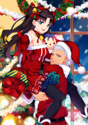 Rule 34 | 1boy, 1girl, :&gt;, :d, alternate costume, antlers, aqua bow, archer (fate), arm around waist, ball, bare shoulders, bauble, bell, belt, between legs, black hair, black pantyhose, blue eyes, blurry, bokeh, boots, bow, box, carrying, character doll, choker, christmas, christmas lights, christmas ornaments, christmas tree, closed mouth, cu chulainn (fate), cu chulainn (fate/stay night), dark-skinned male, dark skin, depth of field, dress, eyebrows, fate/stay night, fate (series), frilled dress, frills, fur trim, gift, gift box, gloves, grey eyes, hair bell, hair bow, hair ornament, hair ribbon, hair slicked back, hat, highres, horns, long hair, looking at viewer, motion blur, one eye closed, open mouth, pantyhose, parted bangs, reaching, red bow, red dress, red eyes, red footwear, red gloves, red hat, red nose, red ribbon, reindeer antlers, ribbon, santa costume, santa hat, smile, snow, snowing, strapless, strapless dress, striped, striped bow, teeth, thighhighs, tinsel, tohsaka rin, two side up, weapon, white hair, window, yaoshi jun