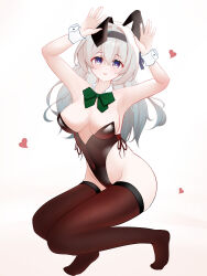 Rule 34 | 1girl, :d, absurdres, animal ears, armpits, arms up, bare arms, bare shoulders, black hairband, black leotard, blush, bow, bowtie, breasts, brown thighhighs, commentary, covered navel, detached collar, fake animal ears, firefly (honkai: star rail), green bow, green bowtie, grey background, grey hair, hair intakes, hairband, highres, honkai: star rail, honkai (series), knosdeba, large breasts, leotard, long hair, looking at viewer, no shoes, open mouth, playboy bunny, purple eyes, rabbit ears, simple background, smile, solo, strapless, strapless leotard, thighhighs, thighs, very long hair, wrist cuffs