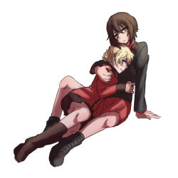 Rule 34 | 10s, 2girls, ankle boots, arm around shoulder, arm support, black footwear, black jacket, black legwear, black skirt, blonde hair, blue eyes, blush, boots, braid, brown eyes, brown hair, closed mouth, commentary, cross-laced footwear, darjeeling (girls und panzer), dress shirt, dutch angle, epaulettes, frown, full body, girls und panzer, hug, jacket, kuromorimine military uniform, lace-up boots, lamen3000, leaning back, long sleeves, looking at viewer, looking back, lying, military, military uniform, miniskirt, multiple girls, nishizumi maho, on side, pleated skirt, red jacket, red shirt, red skirt, shirt, short hair, simple background, sitting, skirt, socks, st. gloriana&#039;s military uniform, twin braids, uniform, wavy mouth, white background, yuri