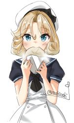 Rule 34 | 1girl, baozi, blonde hair, blue eyes, blue sailor collar, blush, dress, food, hat, holding, holding food, janus (kancolle), kantai collection, looking at viewer, makinoki, puffy short sleeves, puffy sleeves, sailor collar, sailor dress, sailor hat, short hair, short sleeves, simple background, solo, twitter username, white background, white dress, white hat