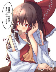 Rule 34 | 1girl, absurdres, ascot, blush, bow, brown hair, collarbone, commentary request, detached sleeves, food in mouth, frilled bow, frilled shirt collar, frills, hair bow, hair tubes, hakurei reimu, head rest, highres, mukkushi, red eyes, simple background, solo, tapping, touhou, translation request, upper body, white background, yellow ascot