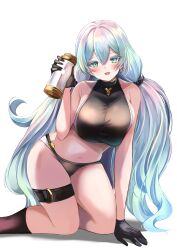 Rule 34 | 1girl, absurdres, bare shoulders, bikini, black bikini, black gloves, blush, breasts, collarbone, cupitan (granblue fantasy), cupitan (summer) (granblue fantasy), gloves, gradient hair, granblue fantasy, green eyes, green hair, highres, huge breasts, long hair, looking at viewer, low twintails, multicolored hair, navel, shibakame, solo, swimsuit, thighs, twintails, very long hair