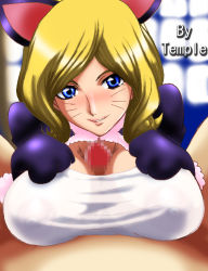 Rule 34 | 00s, 1girl, animal ears, blonde hair, blue eyes, blush, breasts, cat ears, censored, code geass, large breasts, milly ashford, mosaic censoring, nipples, paizuri, paizuri under clothes, penis, see-through, short hair, smile, solo focus, temple (artist), window