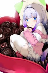 Rule 34 | 10s, 1girl, beads, black hairband, blue eyes, blunt bangs, blush, box, candy, capelet, chocolate, commentary, dress, food, gradient hair, hair beads, hair ornament, hairband, heart-shaped box, hews, highres, in container, kanna kamui, kobayashi-san chi no maidragon, long hair, long sleeves, looking at viewer, lying, multicolored hair, on side, pillow, red footwear, shoes, short dress, silver hair, simple background, solo, thick thighs, thighhighs, thighs, twintails, valentine, white background, white thighhighs, zettai ryouiki