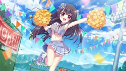 Rule 34 | 1girl, :d, armpits, bare legs, bare shoulders, black hair, blue footwear, blue skirt, blue sky, breasts, cheerleader, cloud, confetti, crop top, crop top overhang, day, dot nose, dutch angle, film grain, game cg, group name, hair ornament, hands up, ichikishima mizuha, izumi tsubasu, lens flare, long hair, looking at viewer, medium breasts, miniskirt, mountainous horizon, navel, non-circular lens flare, non-web source, official art, open mouth, outdoors, outstretched arm, pole, pom pom (cheerleading), purple eyes, re:stage!, shoes, sideboob, skirt, sky, smile, sneakers, socks, solo, sparkle, stadium lights, standing, standing on one leg, straight hair, string of flags, tree, underboob, white socks
