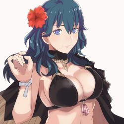 Rule 34 | 1girl, bikini, black bikini, black cape, blue eyes, blue hair, breasts, byleth (female) (fire emblem), byleth (female) (summer) (fire emblem), byleth (fire emblem), cape, cleavage, closed mouth, collarbone, female focus, fire emblem, fire emblem: three houses, fire emblem heroes, flower, hair between eyes, hair flower, hair ornament, hibiscus, large breasts, long hair, looking at viewer, medium breasts, nintendo, official alternate costume, red flower, rem (eyes 410), sideboob, simple background, solo, swimsuit, upper body, white background