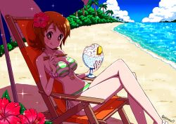 Rule 34 | 10s, 1girl, :q, beach, bikini, blush, breasts, brown eyes, brown hair, chopsticks, crossed legs, day, flower, food, front-tie top, hair flower, hair ornament, happinesscharge precure!, looking at viewer, medium breasts, navel, ocean, oomori yuuko, precure, rice, shirono, short hair, side-tie bikini bottom, sitting, solo, striped bikini, striped clothes, swimsuit, tongue, tongue out, twitter username