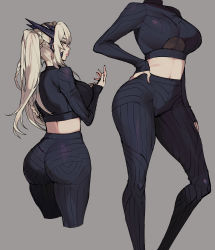 Rule 34 | 1girl, absurdres, adapted costume, artoria pendragon (fate), artoria pendragon (lancer alter) (fate), ass, blonde hair, breasts, commentary, curvy, ennuigrl, fate/grand order, fate (series), female focus, grey background, hand on own hip, high-waist pants, highres, horns, huge ass, large breasts, lips, long hair, looking at viewer, looking back, midriff, multiple views, pants, ponytail, simple background, standing, sweater, thick thighs, thighs, underboob, wide hips, yellow eyes