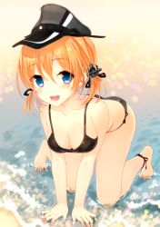 Rule 34 | 10s, 1girl, all fours, anchor hair ornament, ankle ribbon, ass, bad id, bad pixiv id, barefoot, beach, bikini, black bikini, black ribbon, blonde hair, blush, breasts, cleavage, commentary request, hair ornament, hat, kantai collection, leg ribbon, long hair, looking at viewer, low twintails, military hat, ocean, open mouth, outdoors, peaked cap, prinz eugen (kancolle), ribbon, sand, side-tie bikini bottom, smile, solo, swimsuit, twintails, water, yadapot