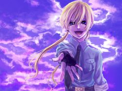 Rule 34 | 1girl, :d, black gloves, blonde hair, blue eyes, blue sky, cloud, collared shirt, fingerless gloves, gloves, hiderunrun, long hair, looking at viewer, necktie, open mouth, original, reaching, shirt, sky, sleeves rolled up, smile, solo, twintails