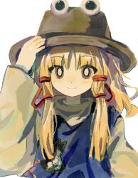 Rule 34 | 1girl, blonde hair, blue vest, bright pupils, brown headwear, closed mouth, hand on headwear, highres, long hair, long sleeves, looking at viewer, moriya suwako, shirt, simple background, smile, solo, touhou, upper body, vest, white background, white pupils, white shirt, youshouhaoxianzhe