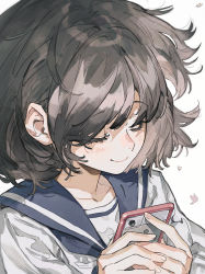 Rule 34 | 1girl, blue neckerchief, blue sailor collar, blush, brown hair, closed eyes, closed mouth, commentary request, highres, holding, holding phone, neckerchief, original, orniflop, petals, phone, portrait, sailor collar, school uniform, serafuku, shirt, short hair, simple background, smile, solo, white background, white shirt, wind
