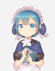Rule 34 | 1boy, blue eyes, blue hair, blush, closed mouth, flower, highres, holding, holding flower, looking at viewer, made in abyss, maid headdress, male focus, maruruk, pdnt, puffy short sleeves, puffy sleeves, short hair, short sleeves, smile, solo, trap, upper body, whistle