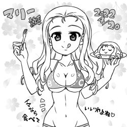 Rule 34 | 1girl, ;p, alternate costume, bare shoulders, bikini, birthday, breasts, cake, cleavage, commentary, dated, drill hair, food, fork, girls und panzer, greyscale, holding, holding food, holding fork, long hair, looking at viewer, lowres, marie (girls und panzer), medium breasts, meme, monochrome, nanashiro gorou, navel, one eye closed, solo, swimsuit, tongue, tongue out, translated, upper body