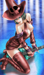 Rule 34 | 1girl, arc system works, bare shoulders, boots, breasts, brown hair, female focus, fingerless gloves, full body, gloves, green eyes, guilty gear, guitar, hat, high heel boots, high heels, i-no, instrument, large breasts, leather, mole, panties, platform footwear, red hat, short hair, solo, thigh boots, thighhighs, toten (der fuhrer), underwear, witch hat
