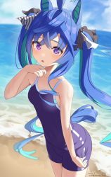 Rule 34 | 1girl, @ @, ahoge, animal ears, bare arms, bare shoulders, blue eyes, blue hair, blue sky, blue one-piece swimsuit, breasts, cloud, cloudy sky, collarbone, commentary request, covered navel, dated, day, heterochromia, highres, hirota fruit, horizon, horse ears, horse girl, horse tail, long hair, multicolored hair, ocean, one-piece swimsuit, outdoors, parted lips, purple eyes, sky, small breasts, solo, standing, swimsuit, tail, twin turbo (umamusume), twintails, twitter username, two-tone hair, umamusume, very long hair, water