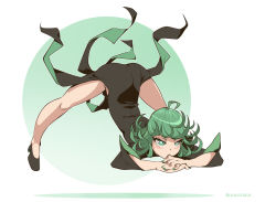 Rule 34 | 1girl, arm rest, ass, black dress, creux, curly hair, dress, flexible, green eyes, green hair, jack-o&#039; challenge, meme, nail polish, no panties, one-punch man, paid reward available, shoes, side slit, solo, spread legs, stretching, tatsumaki, top-down bottom-up, wide spread legs