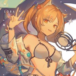 Rule 34 | 1girl, animal ears, arknights, bikini, blonde hair, breasts, character name, cleavage, commentary, fang, flower, fox ears, hair flower, hair ornament, holding, holding microphone, jacket, looking at viewer, medium breasts, medium hair, microphone, off shoulder, official alternate costume, one-hour drawing challenge, open clothes, open jacket, open mouth, orange eyes, sigma eeco, simple background, smile, solo, sora (arknights), sora (summer flowers) (arknights), swimsuit, swimsuit cover-up, twintails, upper body, v, white background, white bikini, white jacket, wristband