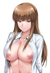 Rule 34 | 1girl, alternate hair color, ameno shigure, bad id, bad pixiv id, blouse, blunt bangs, breasts, brown eyes, brown hair, cleavage, collared shirt, female focus, frown, girls und panzer, half-closed eyes, highres, huge breasts, large breasts, long hair, looking at viewer, mature female, nipples, nishizumi shiho, open clothes, open shirt, shirt, simple background, solo, standing, upper body, white background, white shirt