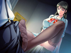 Rule 34 | 1girl, black hair, bow, bulge, censored, earrings, erection, erection under clothes, feet, footjob, game cg, garter belt, hayasaka reiko, jewelry, kusatsu terunyo, lingerie, long hair, mosaic censoring, naughty face, penis, perspective, purple eyes, solo focus, source request, suspenders, table, thighhighs, toes, underwear, yakata jukujo ~the immoral residence~
