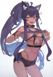 Rule 34 | 1girl, animal ears, bra, breasts, brown kemomimi-chan (krr), clothes lift, collar, controlline3, dark-skinned female, dark skin, fang, fangs, highres, long hair, looking at viewer, medium breasts, panties, pink eyes, pulling own clothes, purple hair, see-through, shirt lift, solo, stomach, thighs, tongue, tongue out, underwear, very long hair