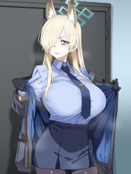 1girl animal_ear_fluff animal_ears annoyed black_gloves blonde_hair blue_archive blue_eyes blue_halo blue_jacket blue_necktie breasts clenched_teeth collared_shirt dog_ears dog_girl dress_shirt extra_ears gloves grey_jacket grey_pantyhose grey_skirt hair_over_one_eye halo highres hiyoko_spot huge_breasts indoors jacket kanna_(blue_archive) long_hair long_sleeves looking_at_viewer miniskirt necktie notched_ear open_clothes open_jacket pantyhose pencil_skirt pleated_skirt police police_uniform policewoman sharp_teeth shirt shirt_tucked_in skirt solo sweatdrop teeth white_shirt wing_collar zipper