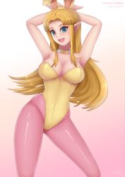 Rule 34 | 1girl, alternate costume, animal ears, armpits, arms behind head, arms up, bare shoulders, blonde hair, blue eyes, bow, bowtie, breasts, cameltoe, cleavage, elf, fake animal ears, fishnet pantyhose, fishnets, highres, large breasts, legs, leotard, long hair, nintendo, open mouth, pantyhose, playboy bunny, pointy ears, princess zelda, rabbit ears, smile, solo, standing, strapless, strapless leotard, super smash bros., the legend of zelda, the legend of zelda: a link between worlds, thighs, yellow leotard, zelc-face, zelco