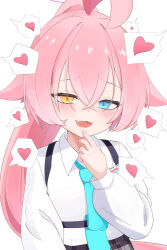 1girl :3 absurdres ahoge blue_archive blue_eyes blue_necktie blush chest_harness fang hair_between_eyes halo hand_on_own_chin harness heart heterochromia highres hoshino_(blue_archive) huge_ahoge long_hair long_sleeves looking_at_viewer necktie open_mouth pink_hair pink_halo plaid_clothes plaid_skirt ponytail shirt simple_background skirt solo spoken_heart tori_komis white_background yellow_eyes