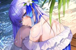 Rule 34 | 1girl, bare shoulders, blue eyes, blue one-piece swimsuit, blue ribbon, blush, breasts, closed mouth, day, fate/grand order, fate (series), hair between eyes, head tilt, long hair, looking at viewer, meltryllis, meltryllis (fate), meltryllis (swimsuit lancer) (fate), meltryllis (swimsuit lancer) (second ascension) (fate), one-piece swimsuit, outdoors, purple hair, ribbon, sitting, small breasts, solo, swimsuit, tsukimoto aoi, very long hair, water, wet