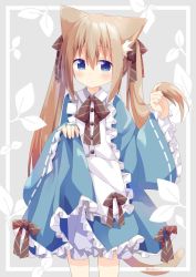 Rule 34 | 1girl, animal ear fluff, animal ears, bloomers, blue dress, blue eyes, blush, bow, brown bow, brown hair, cat ears, cat girl, cat tail, closed mouth, commentary request, dress, frilled sleeves, frills, grey background, hair between eyes, hair bow, highres, holding, holding own hair, long hair, long sleeves, nakkar, original, ribbon-trimmed sleeves, ribbon trim, skirt hold, sleeves past wrists, solo, standing, tail, twintails, twitter username, underwear, very long hair, white bloomers, wide sleeves