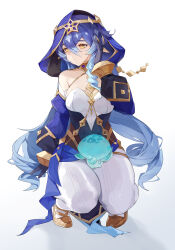 Rule 34 | 1girl, absurdres, bare shoulders, blue hair, breasts, commentary, dress, drill hair, drill sidelocks, fungi (genshin impact), genshin impact, gong cha, hair between eyes, highres, hood, layla (genshin impact), long hair, medium breasts, pantyhose, pointy ears, sidelocks, simple background, solo, squatting, thighs, very long hair, white background, white pantyhose, yellow eyes