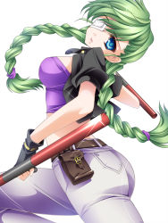 Rule 34 | 1girl, belt, blue eyes, blush, braid, breasts, denim, dual wielding, eyepatch, fingerless gloves, gloves, green hair, highres, holding, jeans, large breasts, long hair, looking at viewer, midriff, monety, open mouth, original, pants, solo, tonfa, twin braids, weapon