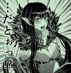 Rule 34 | 1girl, blush, breasts, bridal gauntlets, cleavage, commentary request, emphasis lines, fate/grand order, fate (series), fur trim, green theme, highres, long hair, looking at viewer, medium breasts, monochrome, natsushiro, open mouth, pointy ears, semiramis (fate), sidelocks, solo, sweat, translation request
