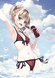 Rule 34 | 1girl, 54cr, :d, arm up, armpits, bikini, blonde hair, breasts, cloud, collarbone, covered erect nipples, day, fate/grand order, fate (series), floating hair, front-tie bikini top, front-tie top, green eyes, groin, hair ornament, hair scrunchie, high ponytail, highres, holding, long hair, mordred (fate), mordred (fate) (all), mordred (fate/apocrypha), mordred (swimsuit rider) (fate), mordred (swimsuit rider) (first ascension) (fate), ocean, open mouth, outdoors, red bikini, red scrunchie, scrunchie, side-tie bikini bottom, small breasts, smile, solo, standing, swimsuit, wading