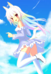 Rule 34 | 1girl, ahoge, animal ears, ankle boots, bad id, bad pixiv id, bare shoulders, blush, boots, cloud, day, dress, elin, fox ears, fox tail, frilled dress, frills, from behind, gradient hair, high heels, highres, long hair, looking at viewer, looking back, multicolored hair, open mouth, panties, pantyshot, rainbow hair, red eyes, shoes, silver hair, sky, smile, solo, standing, tail, tera online, thighhighs, underwear, upskirt, white panties, yuuyu (yuuyu015)
