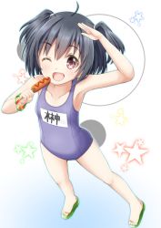 Rule 34 | 1girl, ;d, ahoge, arm up, bare arms, bare legs, bare shoulders, black hair, blue background, blue one-piece swimsuit, blush, breasts, character request, collarbone, corn dog, food, gradient background, green footwear, hair between eyes, holding, holding food, idolmaster, idolmaster cinderella girls, looking at viewer, multicolored hair, old school swimsuit, one-piece swimsuit, one eye closed, open mouth, red eyes, regular mow, sandals, school swimsuit, small breasts, smile, solo, star (symbol), starry background, swimsuit, two-tone hair, white background